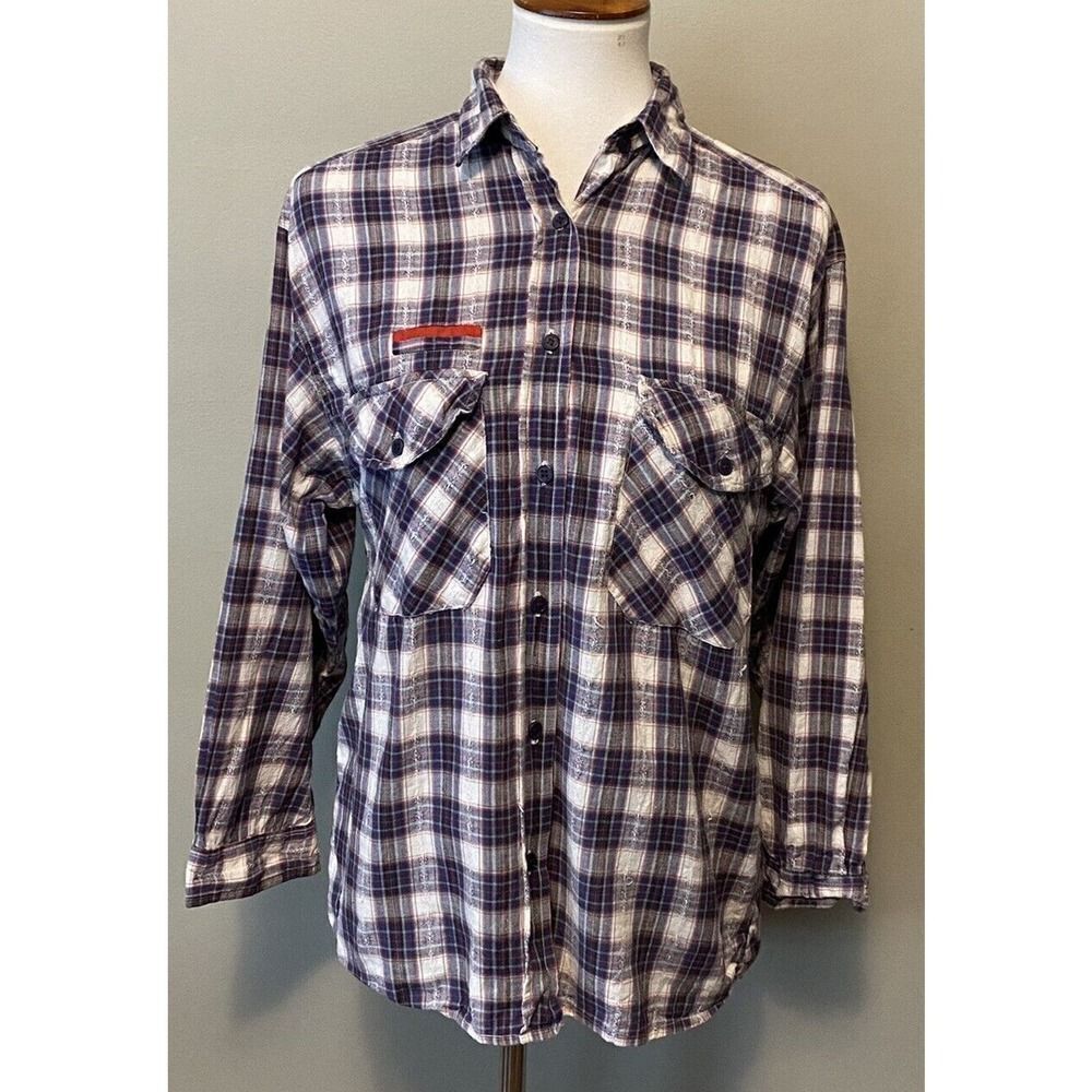 Vintage Womens Plus Small Button Blue Cream Plaid Cotton Shirt